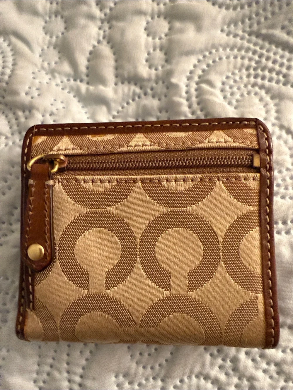 Coach Tan and Brown Signature Canvas Card Holder with Gold Hardware